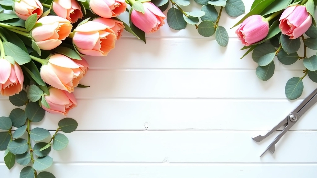 Variety of fresh flower stems and buds displayed on white wooden surface with gardening scissors and care cards nearby