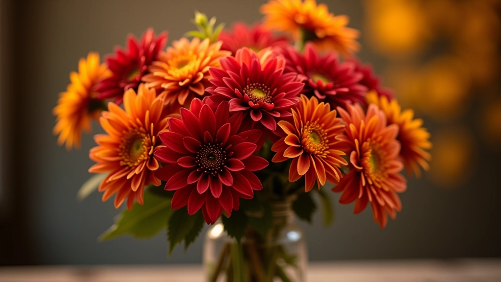 Autumn flower arrangement featuring dahlias in deep reds and oranges, golden leaves, and warm-toned foliage