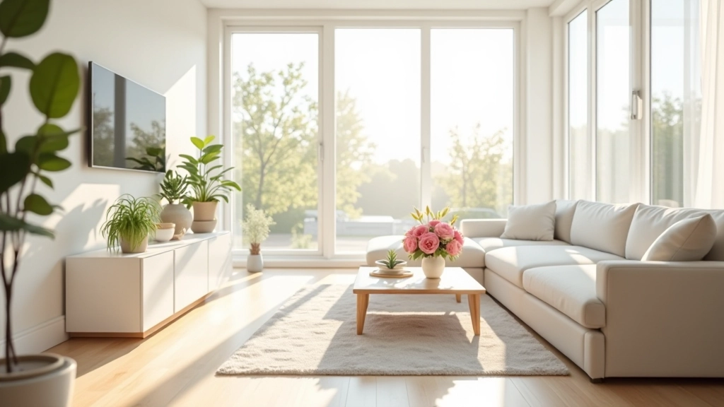 Bright living room with white walls and natural sunlight streaming through large window, empty table surface in focus