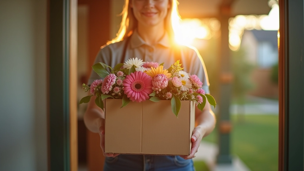 Delivery person in uniform holding fresh flower box at residential doorstep