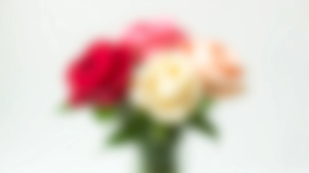 Close-up of five different colored roses arranged in tall glass vase against soft white background with natural lighting