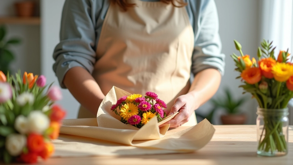 Fresh flower arrangement being carefully wrapped in protective tissue paper in delivery box