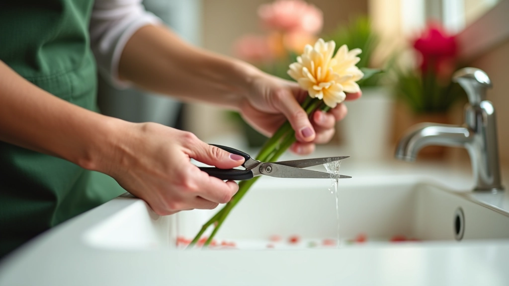 Sharp florist scissors cutting flower stems at a 45-degree angle under running water