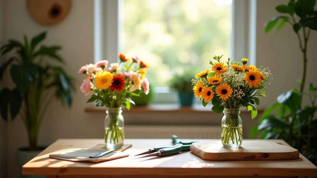 Bright floristry workspace with fresh cut flowers, pruning tools, and glass vases arranged on white workbench