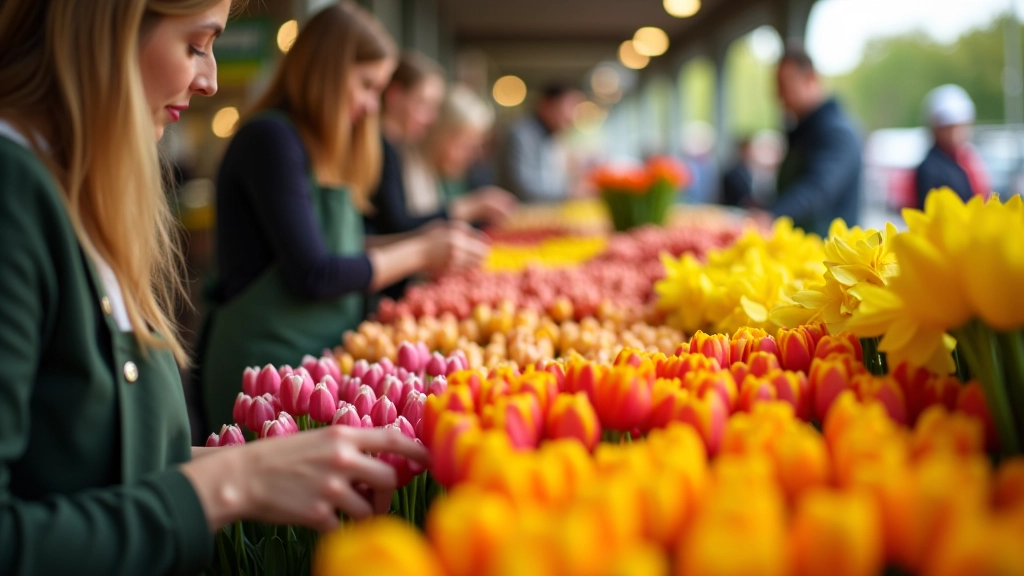 Vibrant spring flower market stall with rows of fresh tulips and daffodils in multiple colors and varieties