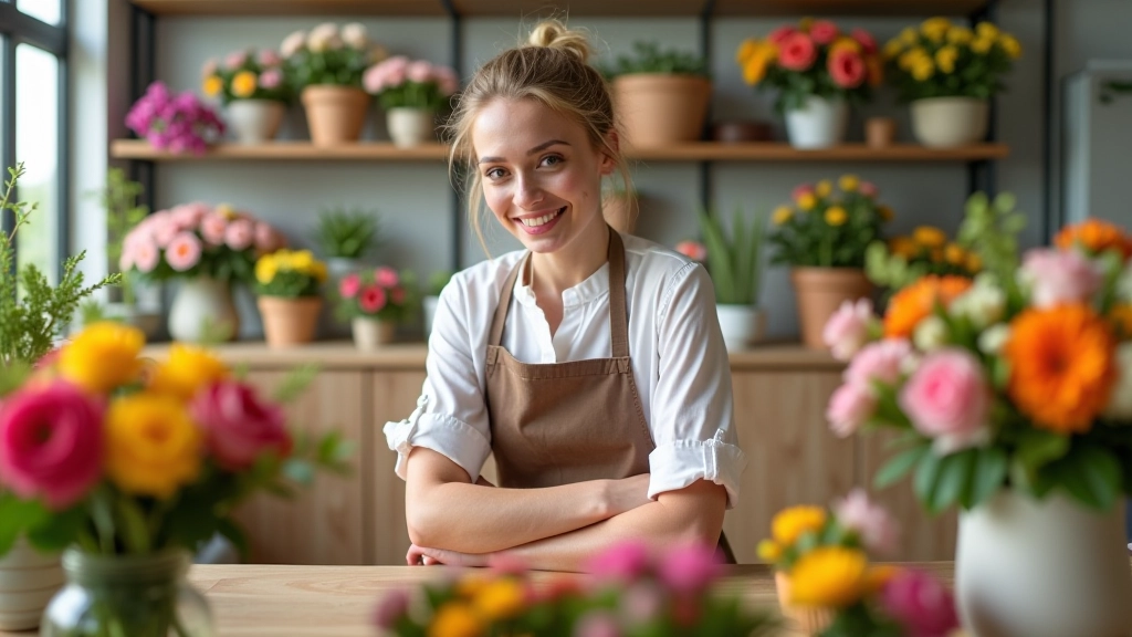 Florist workspace showing flower arrangement and preparation process