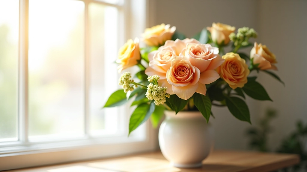 Flower arrangement displayed on a shelf near a window with soft indirect natural light