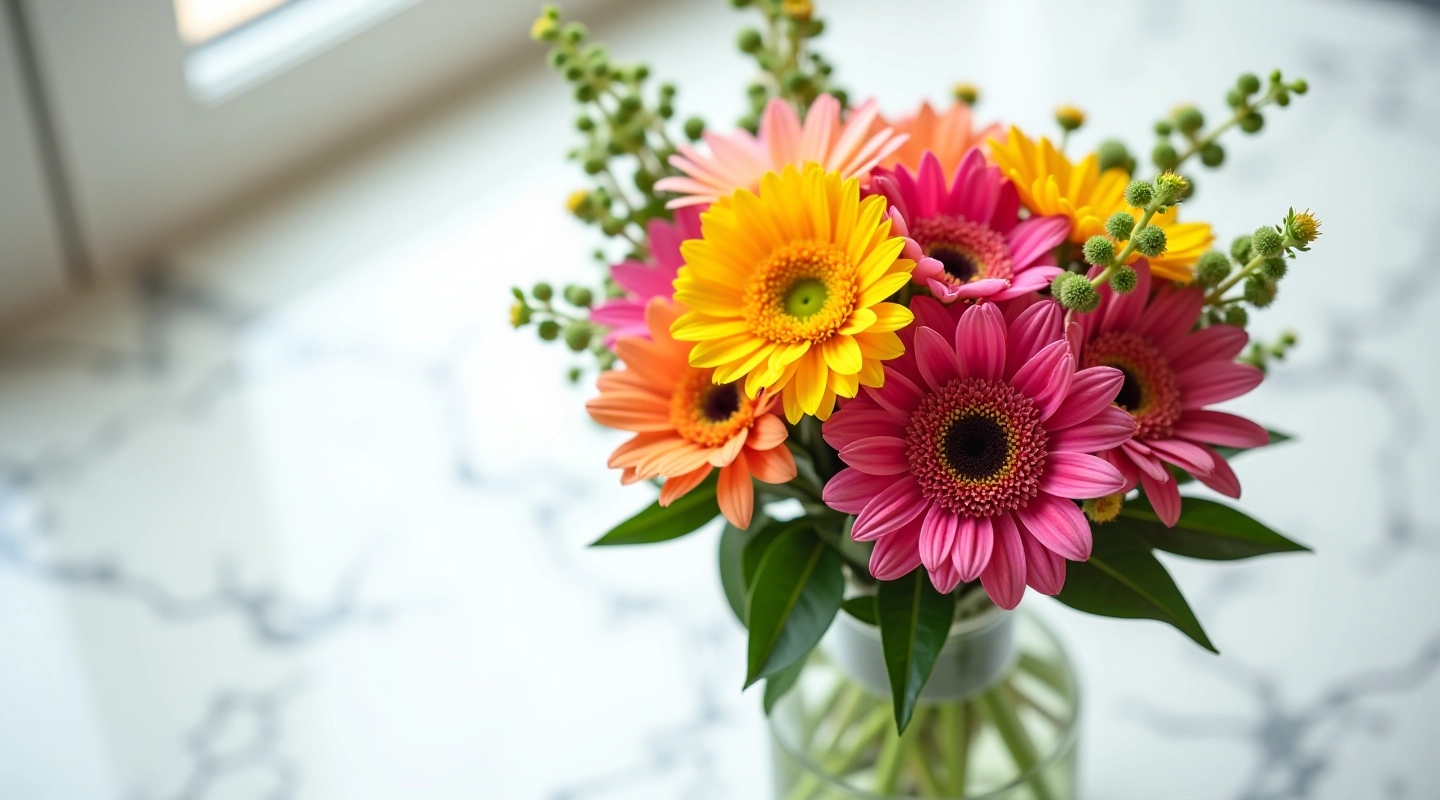 Fresh colorful flower bouquet arranged in clear glass vase on white marble table