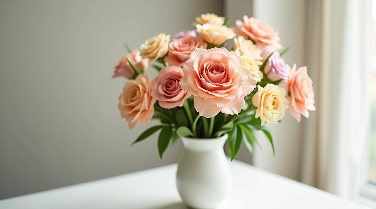 Beautiful fresh flower arrangement with mixed roses and seasonal blooms in white vase