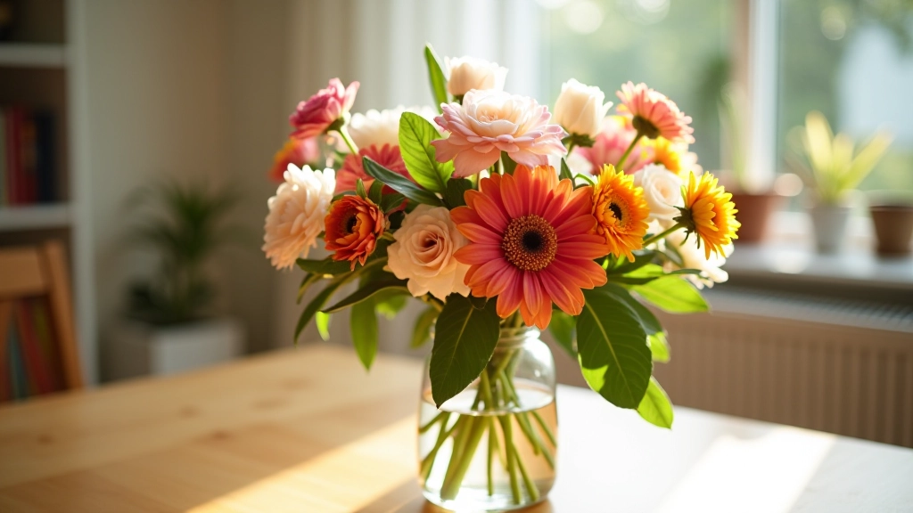 Beautiful mixed seasonal flower arrangement in clear glass vase on dining table with natural morning light