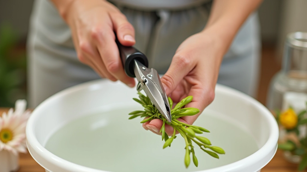 Hands trimming flower stems with sharp florist scissors over white sink