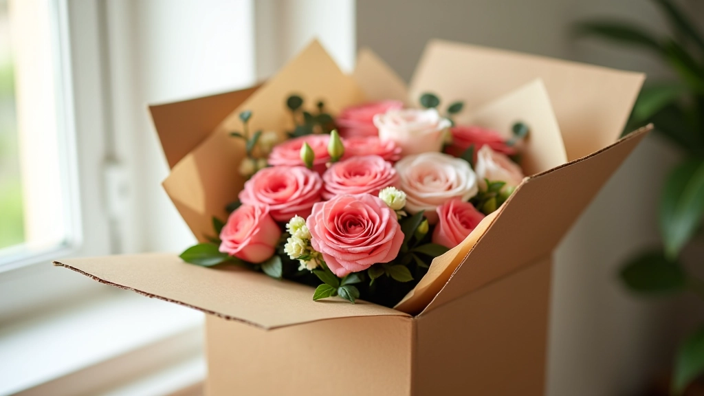 Cardboard delivery box with fresh flowers and care instruction card visible inside
