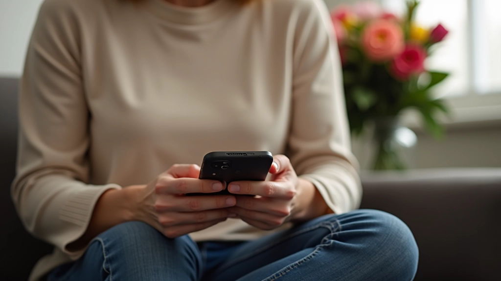 Person holding mobile phone with subscription management screen, sitting at home with flowers in background