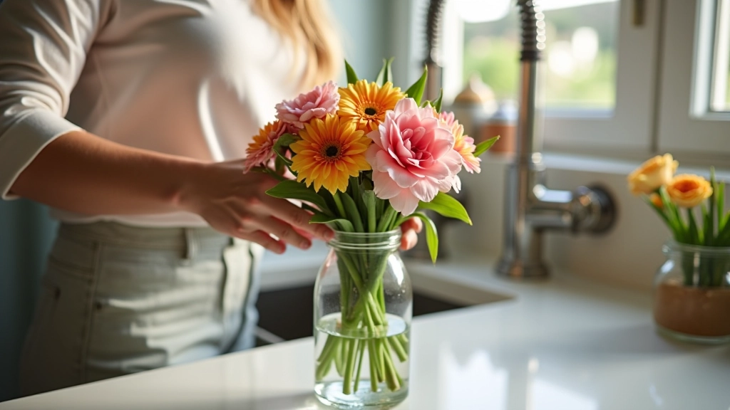 Person pouring cool water into a clear glass vase filled with fresh cut flowers