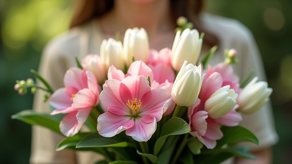 Seasonal spring flowers including pink cherry blossoms, white tulips, and green stems in mixed bouquet arrangement