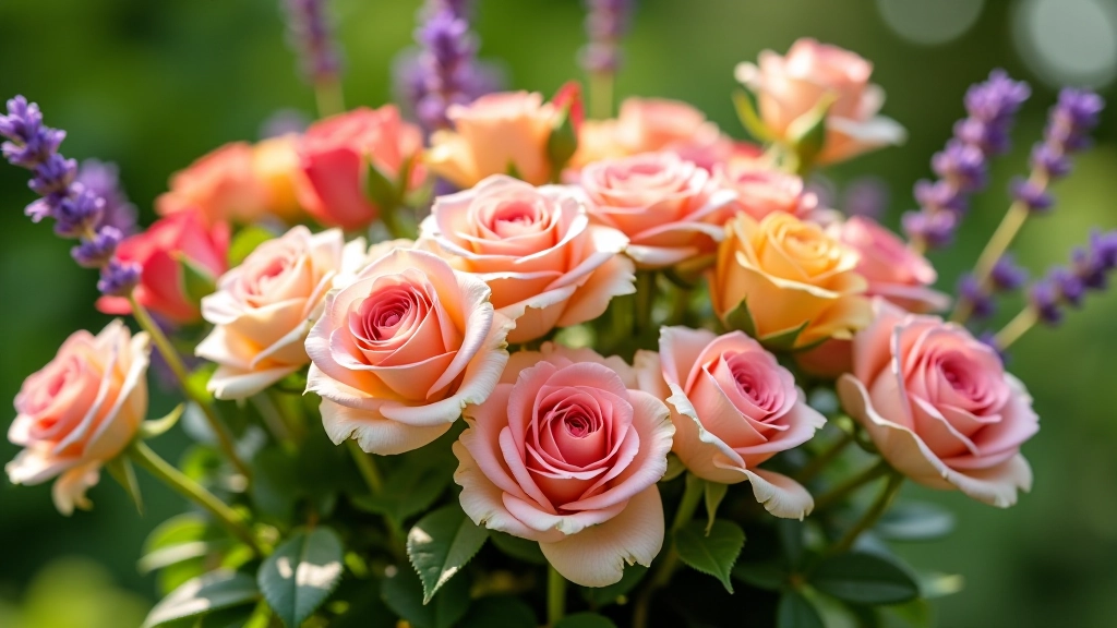 Lush summer garden with blooming roses, lavender, and sunflowers in full sunshine