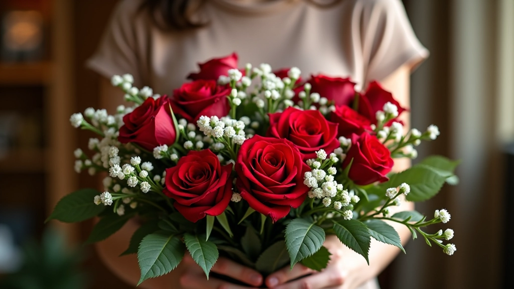 Winter holiday arrangement with red roses, white and burgundy flowers, green foliage, and subtle seasonal accents