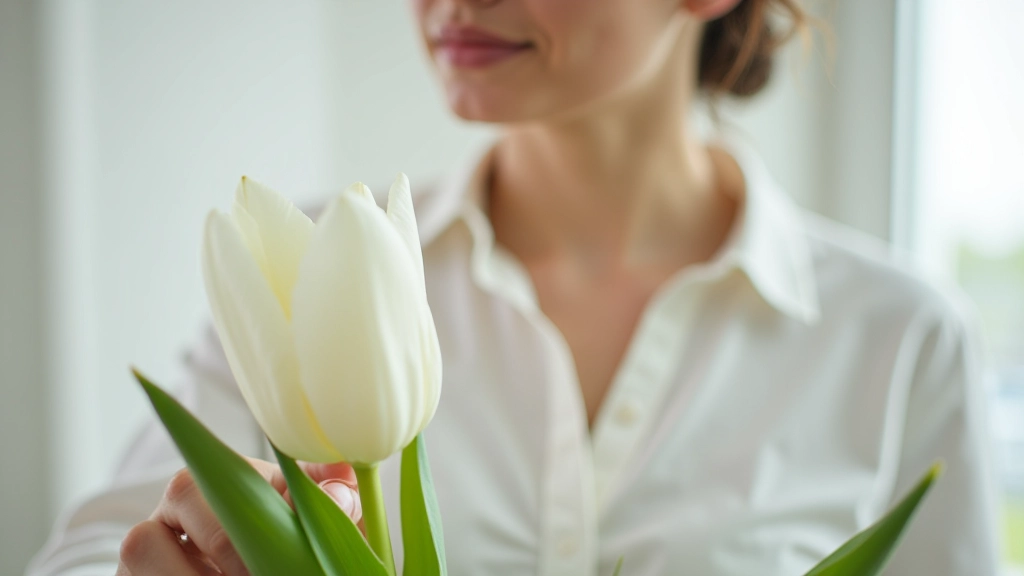 Woman's hand touching delicate white petal of open tulip, soft morning light from window in blurred background