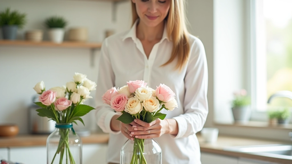 Woman arranging fresh flowers in glass vase at bright kitchen counter